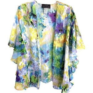 Alex Evenings Kimono Jacket Womens 2X Sheer Floral Ruffle Sleeve Layered Top
